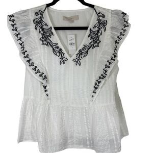 LOFT NEW Women's Floral Embroidered Ruffle Peplum Top SZ‎ XS White